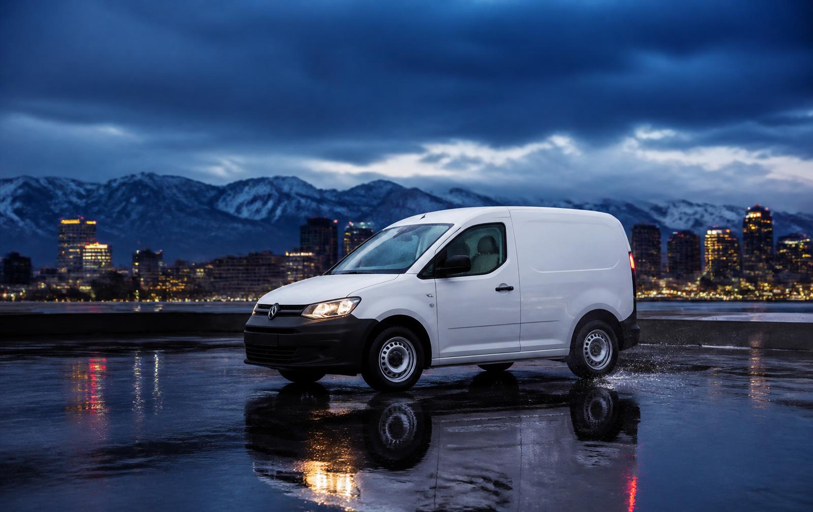 Mobile detailing van on wet pavement at dusk